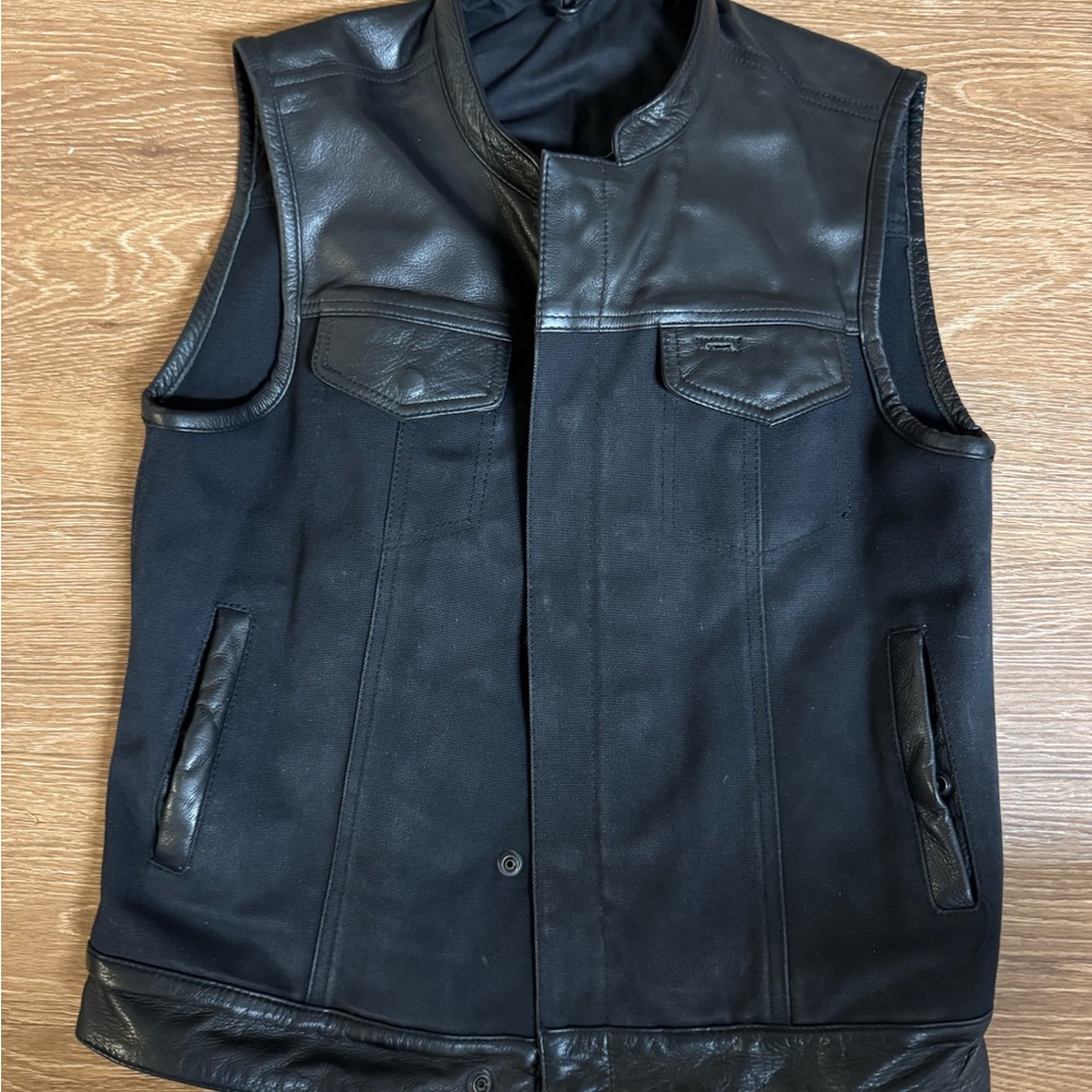 Men's Black Leather and Fabric Vest